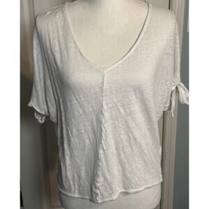 H&M White Short Sleeved Tee, Linen, Tie Sleeves, Small
